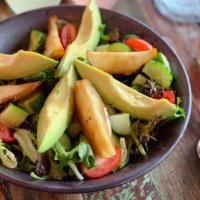 Avocado Salad With Caramelized Pear · Fresh mixed greens, avocados, cucumbers, cherry tomatoes, caramelized pear with extra virgin...