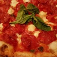Dear John Pizza · Mozzarella, tomato sauce, hot soppressata and basil.