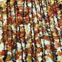Chicken Bruschetta Pizza · Tomatoes, fresh mozzarella, roasted red peppers and fried chicken topped with balsamic drizz...