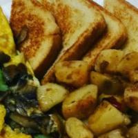 Veggie Omelet · With Onions, Peppers, Tomato, Mushroom & Spinach, Served with Potatoes & toast.