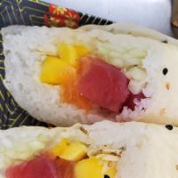 Sushi Burrito From The Sea · Choose any two types of fish, any two veggies, crunchy or soft shell rolled with rice in a r...