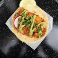 Potato & Soy Chorizo Taco · Corn Tortilla with vegans in mind, soy chorizo mixed with potatoes, blend of spices and LOVE...