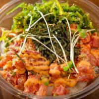Spicy Ahi · Ahi tuna, scallion, seaweed salad, masago, radish sprouts, red onion, edamame, kizami nori, ...