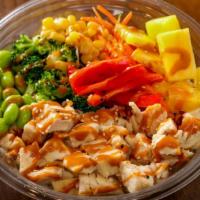 Chicken Bowl · Chicken, pineapple, carrot, broccoli, red pepper, whole kernel corn, edamame and pokebab sau...