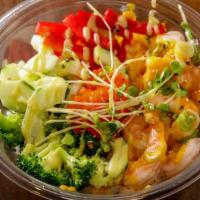 Shrimp · Shrimp radish sprouts, broccoli, cucumber, scallion, red pepper, masago wasabi aioli and gin...