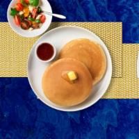 Pancakes With Eggs & Sausage · Fluffy pancakes cooked with care and love served with a side of sausage, eggs, butter, and m...