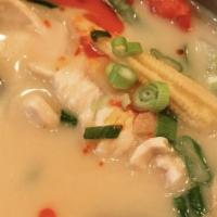 Tom Ka Chicken Soup · Coconut milk soup with chicken mushroom, scallion and cilantro.