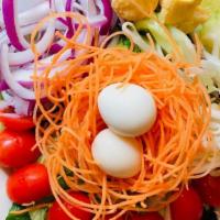 Thai Green Salad · Gluten free. Spicy. Mixed greens, tomato, red onion, carrot, cucumber, bean sprout and hard-...