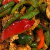 Pad Prik Khing · Fresh long bean, bell pepper, long chili with prik khing curry paste. Hot and spicy.