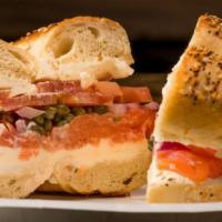 The Worth It On A Bagel · Fresh sliced lox, Plain cream cheese, onions, tomato and capers on a bagel
Write type of bag...