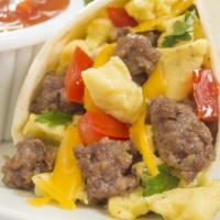 Breakfast Burrito · Perfect morning burrito filled with egg and cheese and with choice of honey turkey or sausag...