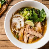 Chicken Pho Noodle Soup · Grilled chicken, with rice noodles, served with chicken broth soup, onions, scallions, and l...