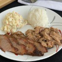 2 Meat Plate · Comes with 2 meats of your choice, scoop of rice, and one side.   Extra rice and extra side ...
