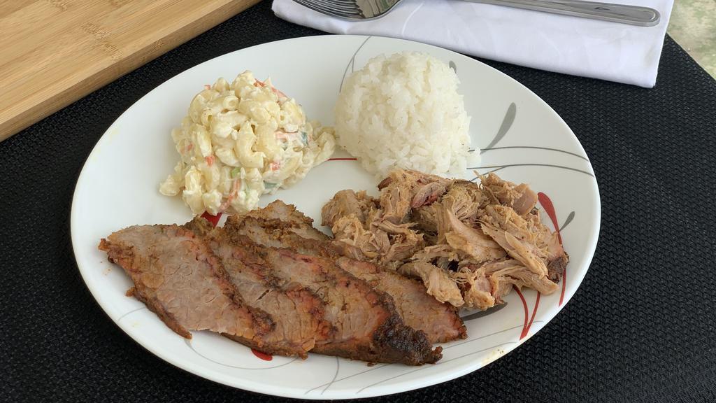 2 Meat Plate · Comes with 2 meats of your choice, scoop of rice, and one side.   Extra rice and extra side can be added too!