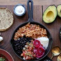 Pollo Plato · Shredded chicken with black beans, rice, . pickled red onions, cotija, pico de gallo, . serv...