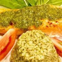 The Salmon · Atlantic salmon, a touch of fresh pesto with seasoned brown rice and asparagus. 600 cal.