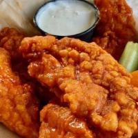 Buffalo Tenders · Chicken Tenders tossed in our house buffalo recipe served with Carrots, Celery & Blue Cheese