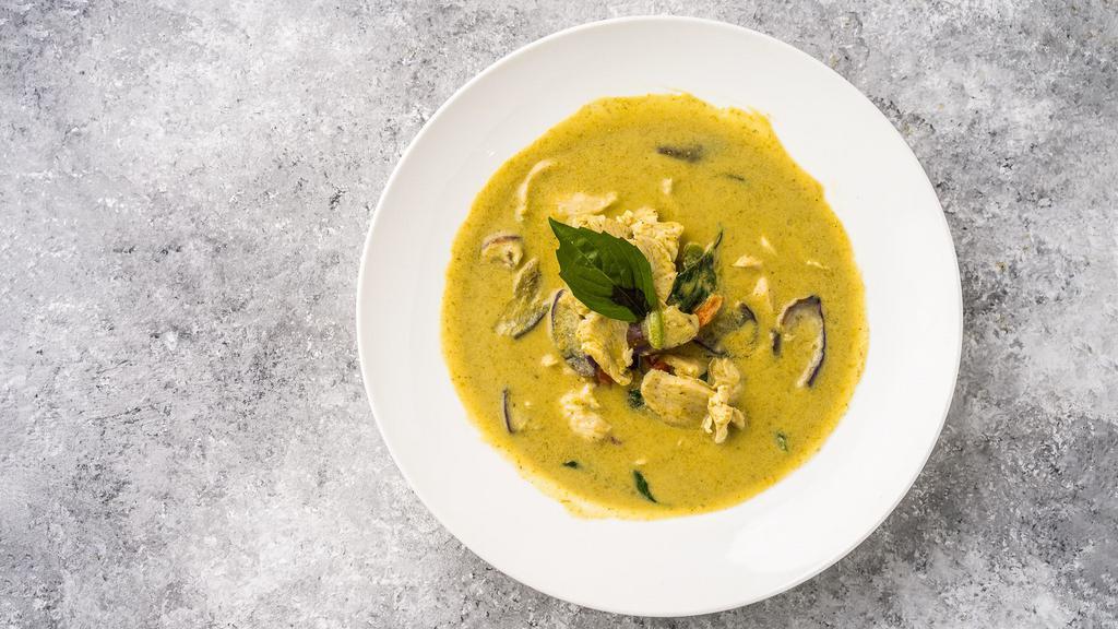 Green Curry · Spicy & gluten Free. eggplant, bell pepper, fresh basil leaves, coconut milk,
green curry paste.