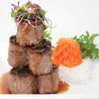 Beef Negimaki · Served with miso soup, green salad, and rice.