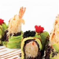 Crazy Friday Roll · Shrimp tempura and spicy lobster inside topped with avocado and colorful fish eggs.
