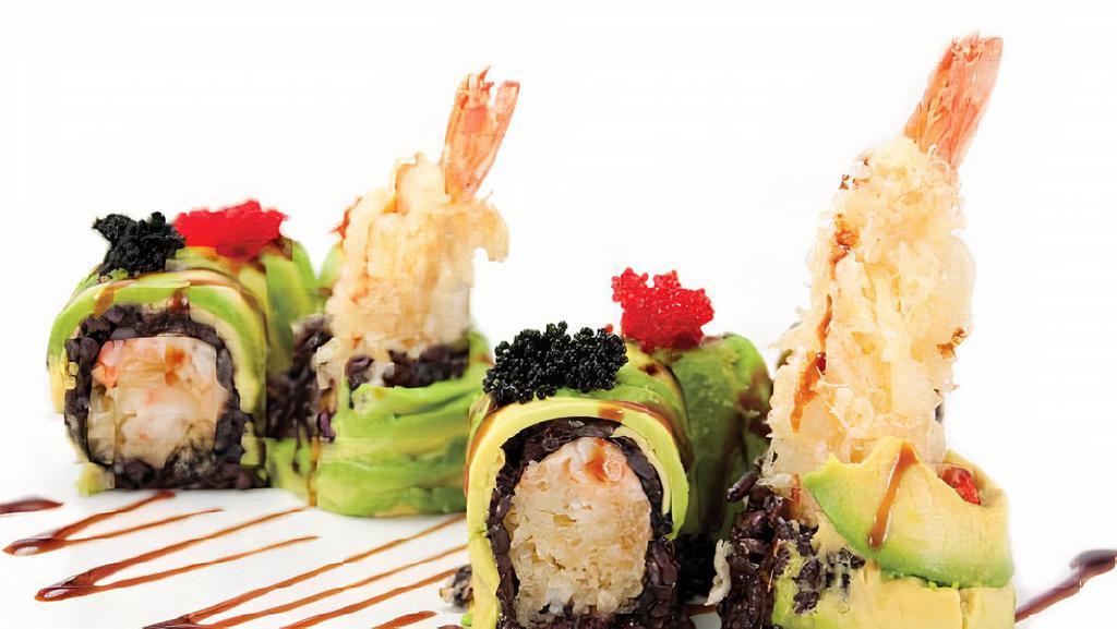 Crazy Friday Roll · Shrimp tempura and spicy lobster inside topped with avocado and colorful fish eggs.