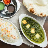 Saag Ponir · Homemade cheese fried and cooked with fresh spinach.