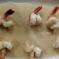 Camarones Al Ajillo · Shrimp in garlic sauce. Mashed fried green or yellow plantains.