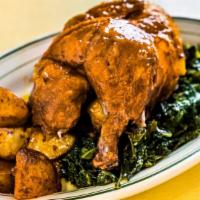 Whole Rotisserie Chicken Dinner · Organic and free-range. Served with roasted broccoli and potatoes.