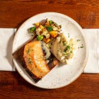 Cedar Plank Salmon · White Wine Butter Sauce, Roasted AutumnVegetables, Mashed Potatoes,