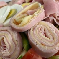 Chef'S Salad · Comes with ham, swiss, turkey, lettuce, tomatoes, onions, carrots, and hard boiled egg.