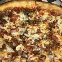 Large Meat Eater · Pepperoni, sausage, meatballs, ham, and bacon.