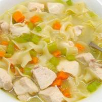 Chicken Noodle · Clear chicken broth with pieces of chicken & noodles.