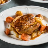 Roast Chicken · Potato, carrots, pearl, and jus.