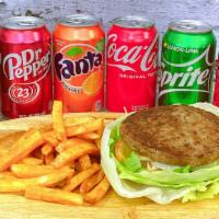 Bmb Burger Combo · Bunless Meatless Burger + French fries + can of soda