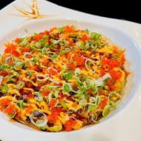 Sushi Pizza I · Spicy kani, grounded salmon skin and bacon on top of fried pancake with spicy Mayo,eel sauce...
