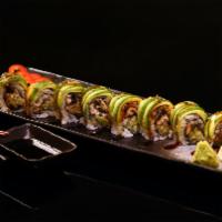 Dragon Roll · Eel and cucumber inside topped with sliced avocado, eel sauce and sesame seeds.
