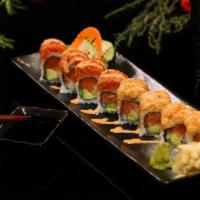 Fantastic Roll · Salmon, avocado, cucumber inside topped with spicy tuna, spicy yellowtail and spicy mayo cru...