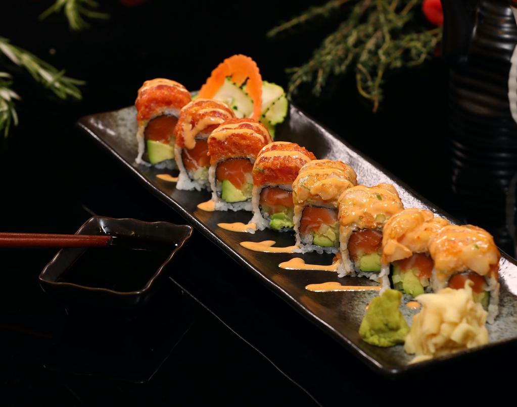 Fantastic Roll · Salmon, avocado, cucumber inside topped with spicy tuna, spicy yellowtail and spicy mayo crunch.