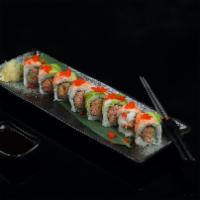 Kazekage Roll · Spicy kani,cucumber,topped with shrimp and avocado,red tobiko