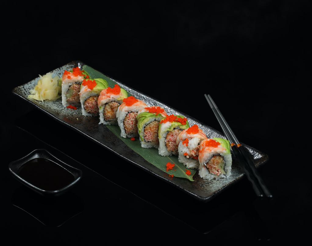Kazekage Roll · Spicy kani,cucumber,topped with shrimp and avocado,red tobiko