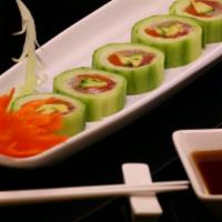 Naruto Roll · salmon tuna yellowtail kani avocado inside and wrapped with cucumber,ponzu sauce