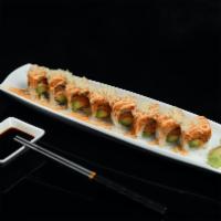 Triple S Roll · spicy tuna, avocado inside, topped with spicy salmon and spicy yellowtail, spicy mayo, crunc...