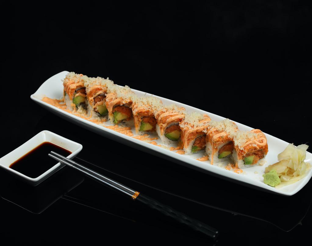 Triple S Roll · spicy tuna, avocado inside, topped with spicy salmon and spicy yellowtail, spicy mayo, crunch, red chili julienne