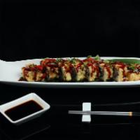 Mizukage Roll · spicy white fish, asparagus, jalapeño roll, deep fried, and eel sauce, spicy mayo, scallion,...