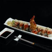 Sakura Roll · Shrimp tempura, avocado inside,topped with spicy tuna, eel sauce, spicy mayo crunch.