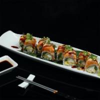 Fuji Roll · Kani tempura,avocado and mango inside topped with spicy crunch scallop, spicy mayo and wasab...