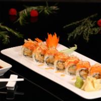 Spicy Girl Roll · Special crunch yellowtail jalapeño inside topped with spicy salmon and spicy mayo crunch.