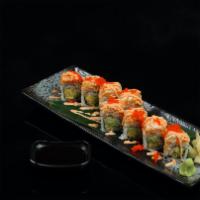 Yolo Roll · Shrimp, avocado and mango inside, topped with snow crab,spicy mayo, mango sauce and red tobi...