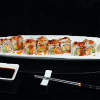 Itachi Roll · spicy real snow crab,  avocado inside, topped with seared scallop, house special garlic oil ...