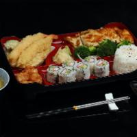 Teriyaki Chicken Bento Box · Served with shumai, california roll, vegetable tempura, white rice and miso soup/soda.